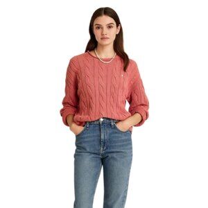 Ralph Lauren Ash Wash Faded Vintage Pink Berry Cable Knit Crewneck Sweater